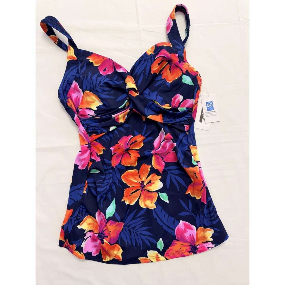 Lands' End Tankini Swimsuit Top Womens 2 Navy Tropical Floral UPF 50 Adjustable